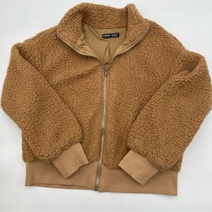 SHEIN Cropped Sherpa Brown Teddy Jacket Zipper Coat. Small